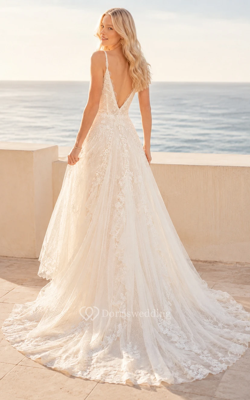 Boho-Brautkleid in A-Linie aus Spitze mit V-Ausschnitt, Trägern und Kapellenschleppe view 2
