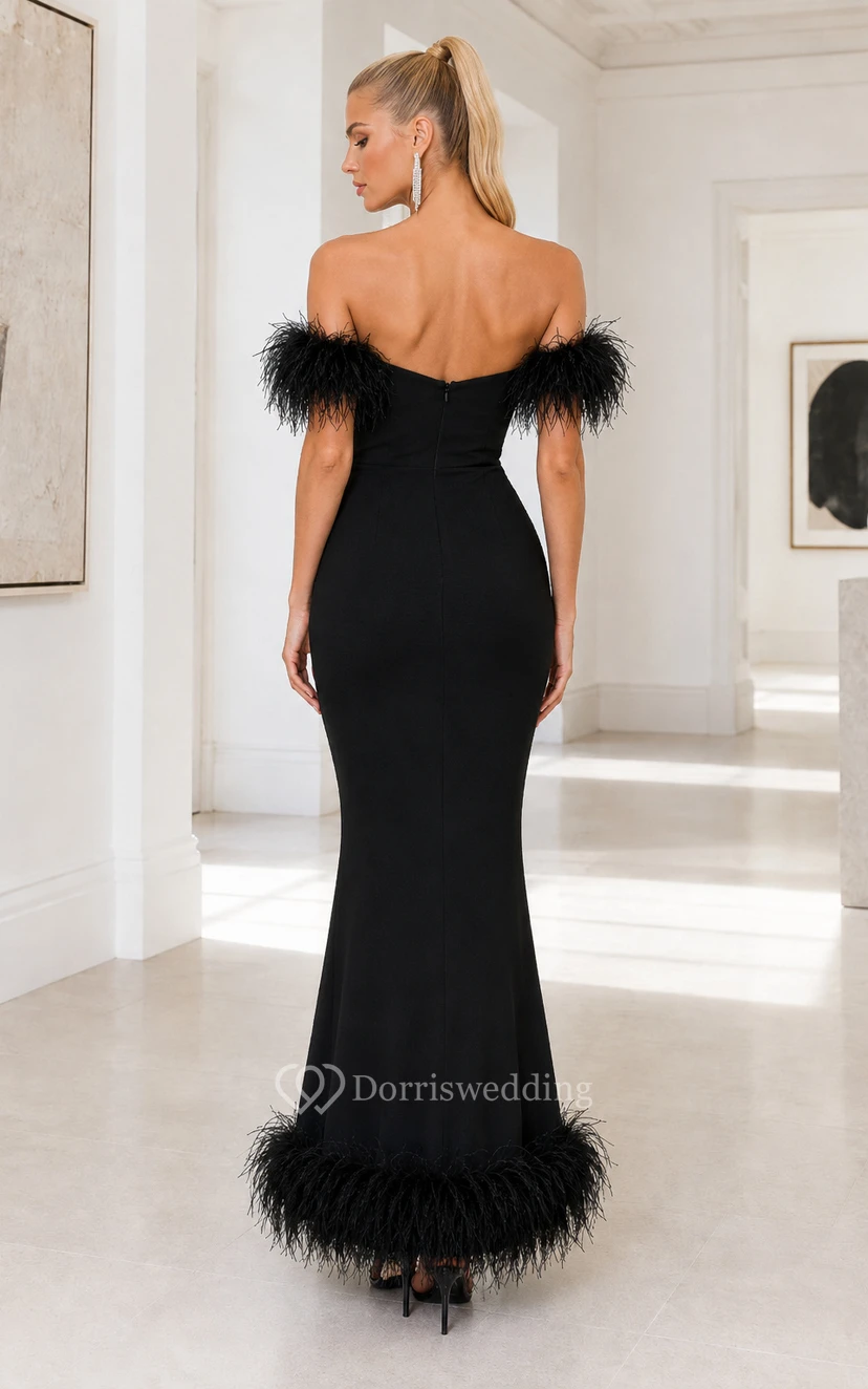 Black Strapless Mermaid Formal Dress with Feather Sleeve Trim and Feather Hemline view 2
