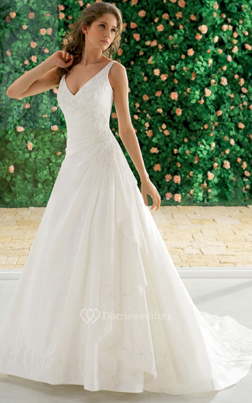Brautkleid in A-Linie mit V-Ausschnitt, Spitzenapplikationen, Chiffon, gerafftem Oberteil und Schleppe view 6