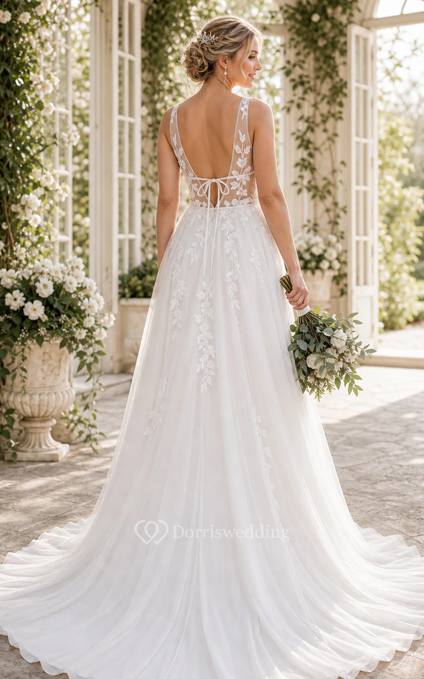 Sexy V-neck Boho Country Tulle A Line Empire Sleeveless Illusion Wedding Dress- white view 2