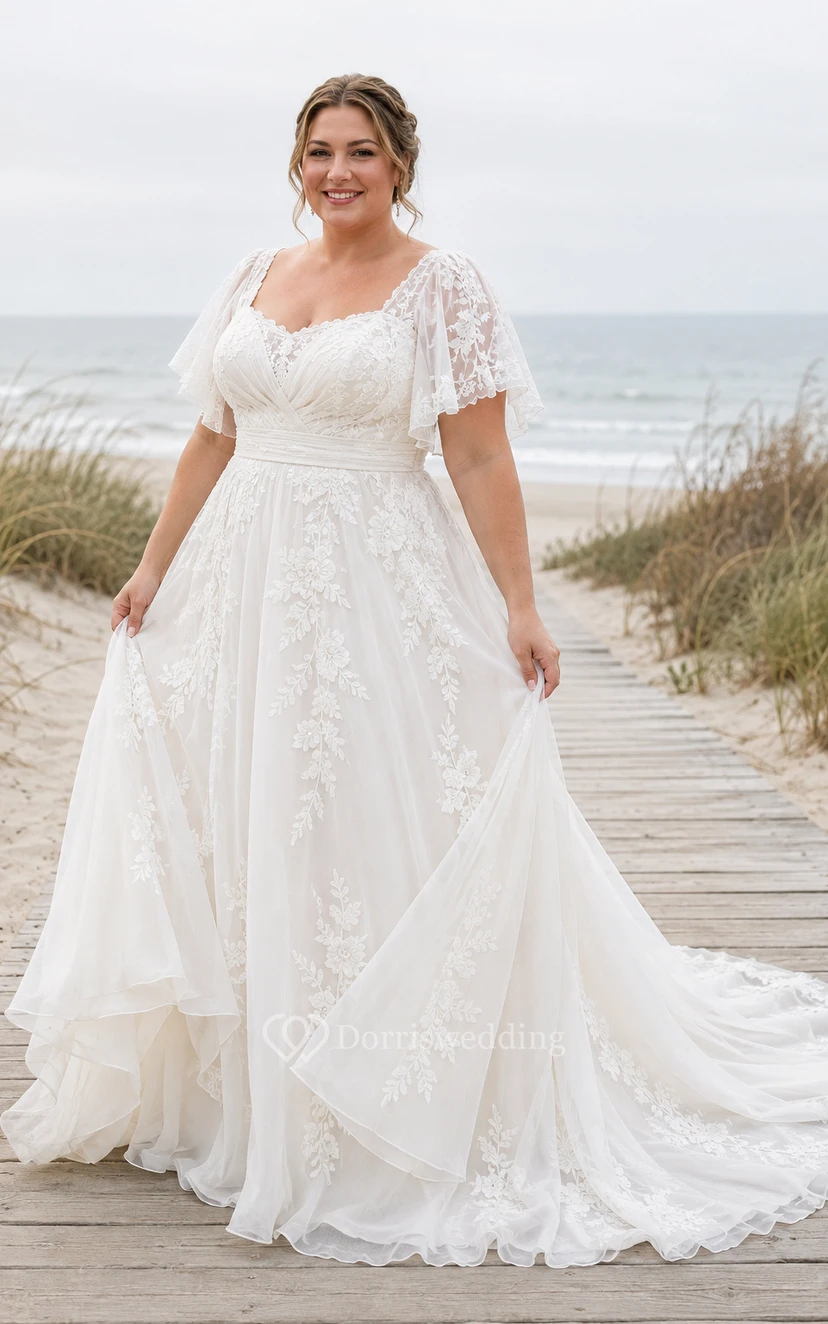 Plus Size Sweetheart Lace Tulle A-Line Beach Wedding Dress with Cap Sleeves