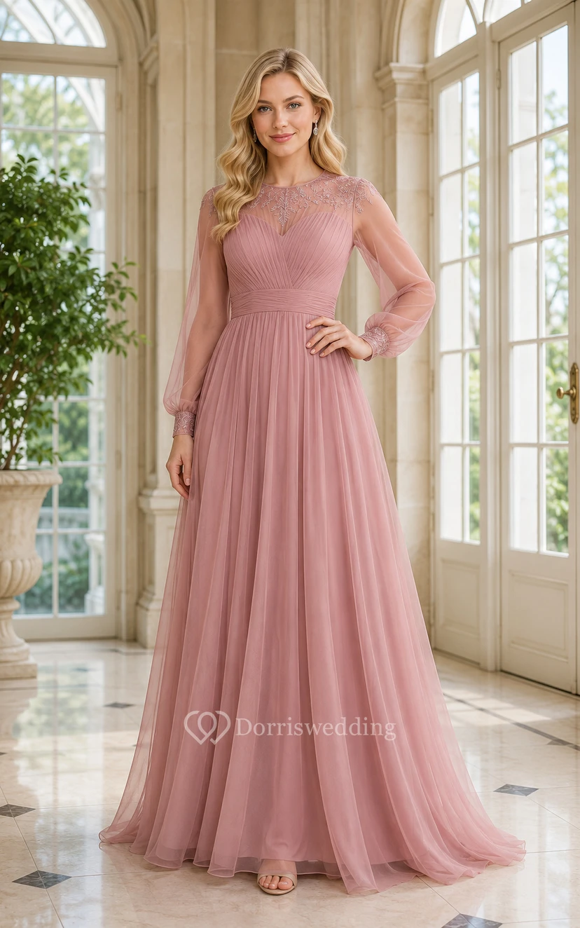 Vestido formal de corte A, de tul, manga larga y color rosa empolvado, con corpiño de encaje, ideal para la madre de la novia y eventos de invitadas a la boda.