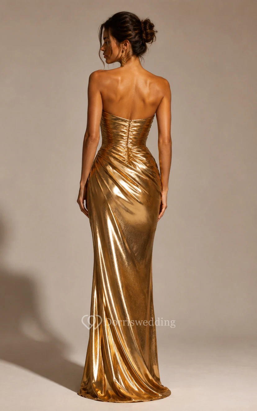Gold Metallic Evening Dress with Strapless Sweetheart Fitted Sheath Gown view 2
