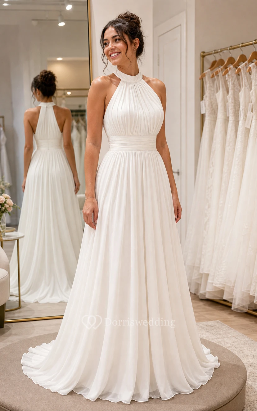 White Halter A-Line Wedding Dress view 6