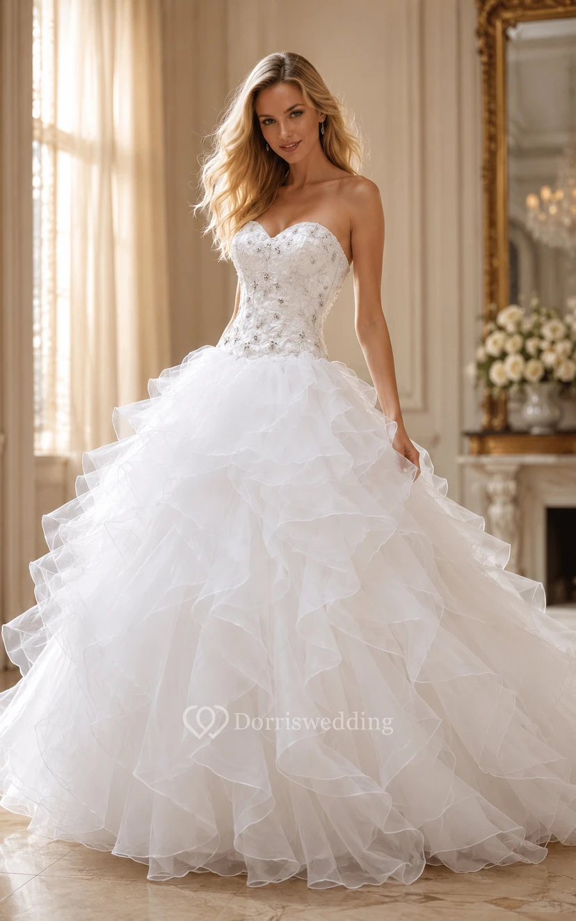 Ball Gown Sweetheart Organza Princess Wedding Dress with Ruffles view 4
