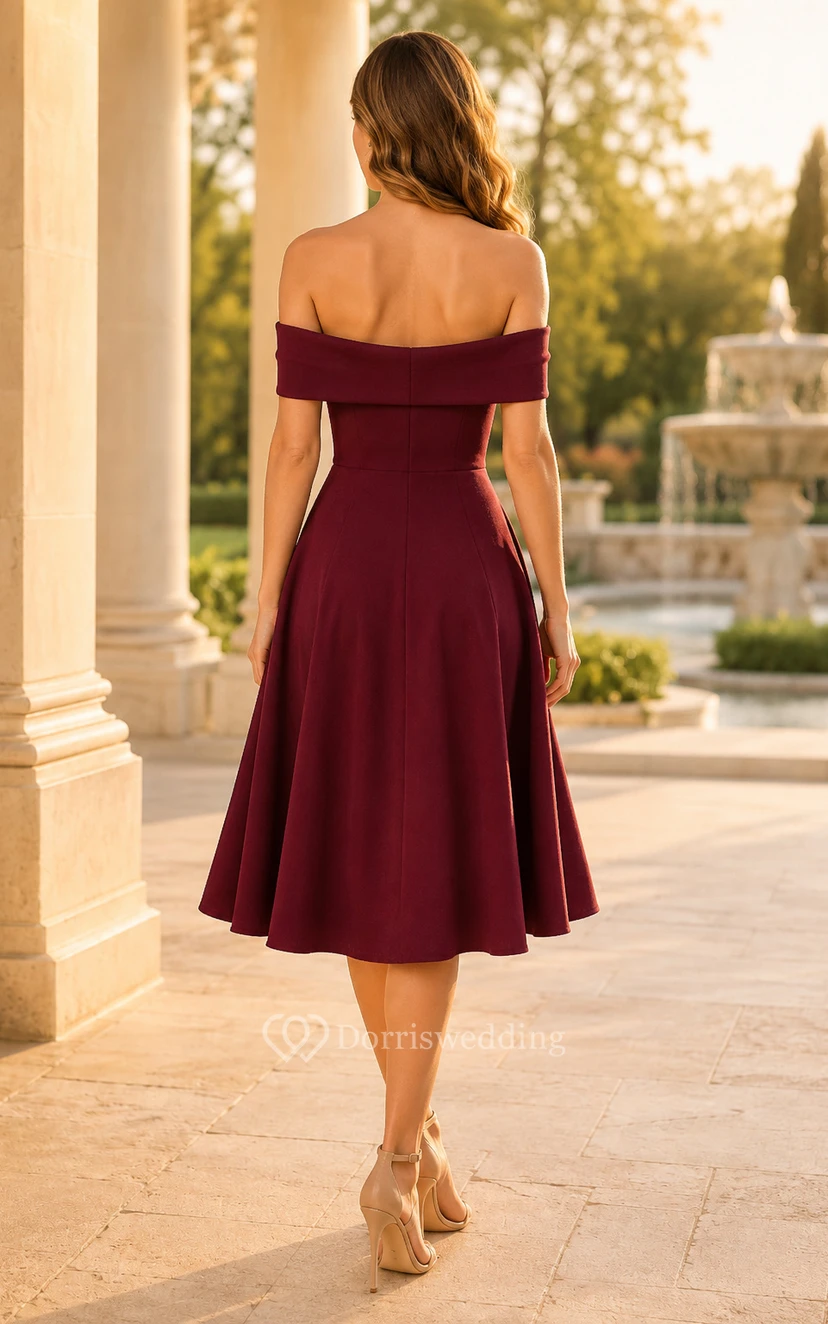 Burgundy Off-the-Shoulder Satin Tea-Length A-Line Cocktail Dress with Foldover Neckline view 2