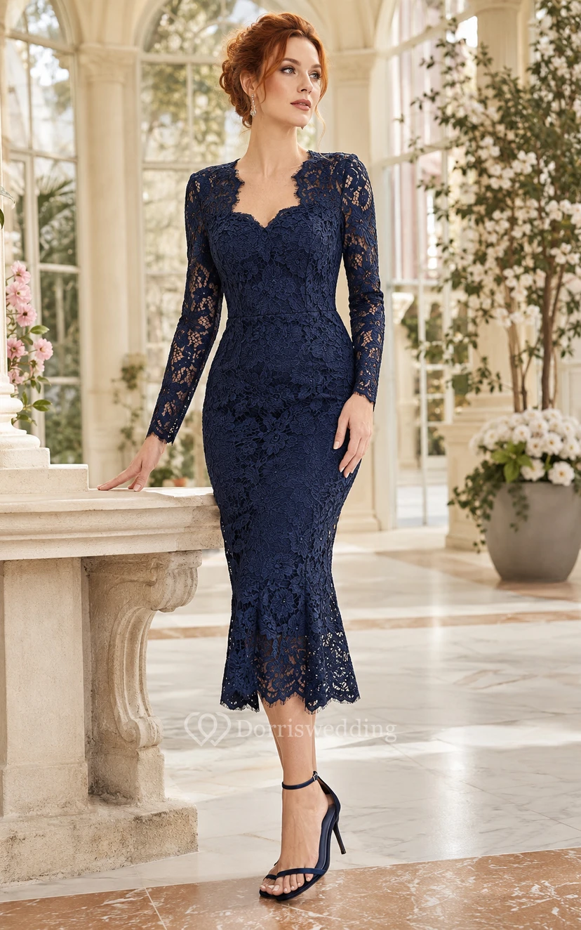 Dark Navy V-Neck Long Sleeve Lace Mermaid Tea Length Dress for Mother of the Bride, Wedding Guest, and Formal Events