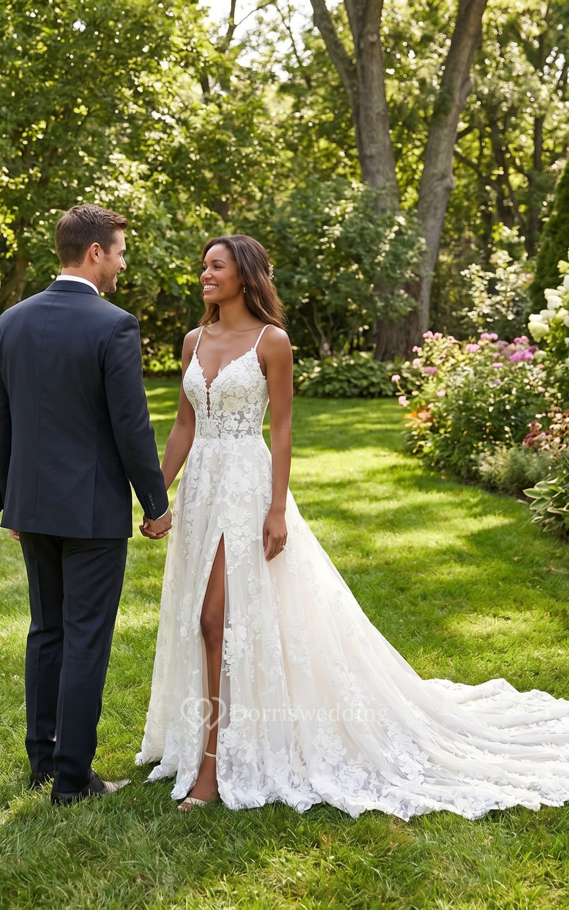 A-Line Lace Wedding Dress with Slit | Beach Rusitc Bridal Gown