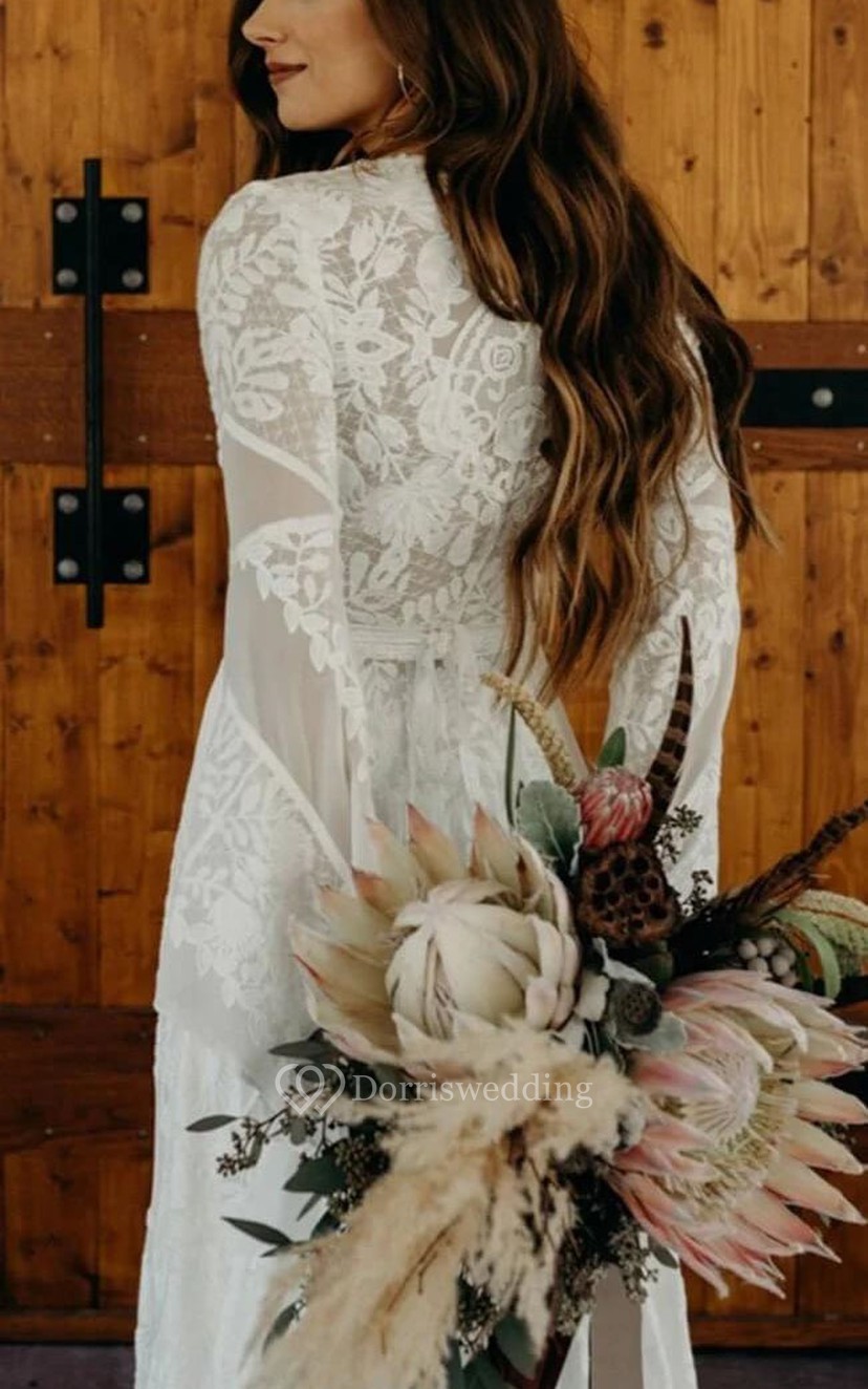 Bohemian Bell Loneg-sleeve Boho Wedding Dress | Vintage Lace