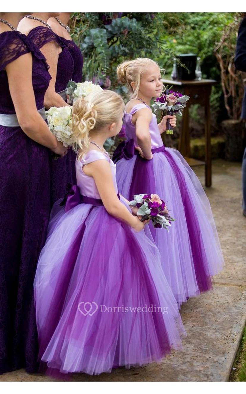 Lovely Tulle Princess Bowknot Flower Girl Purple Bridesmaid Dress Cap Sleeve - Lilac, size c5 by Dorris Wedding