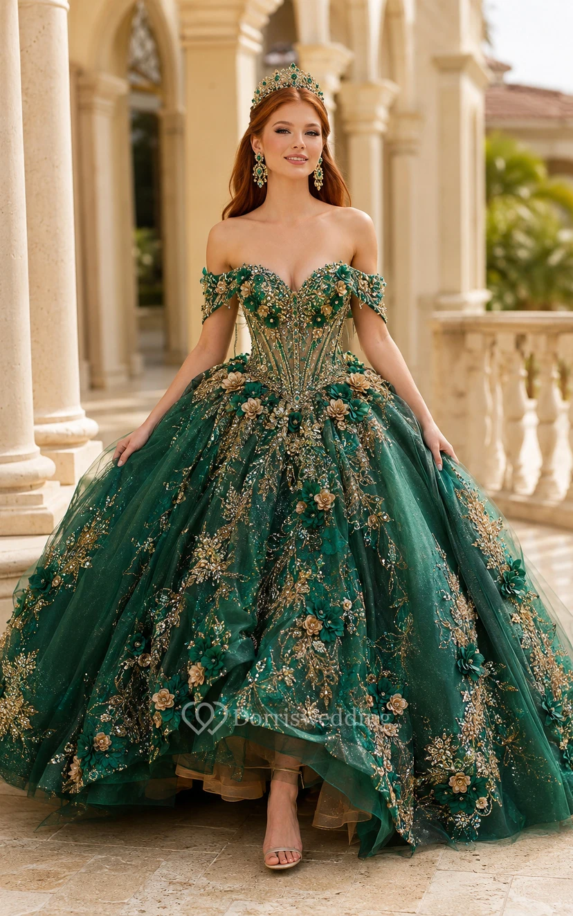 Robe de bal de quinceañera vert foncé à appliqués floraux dorés