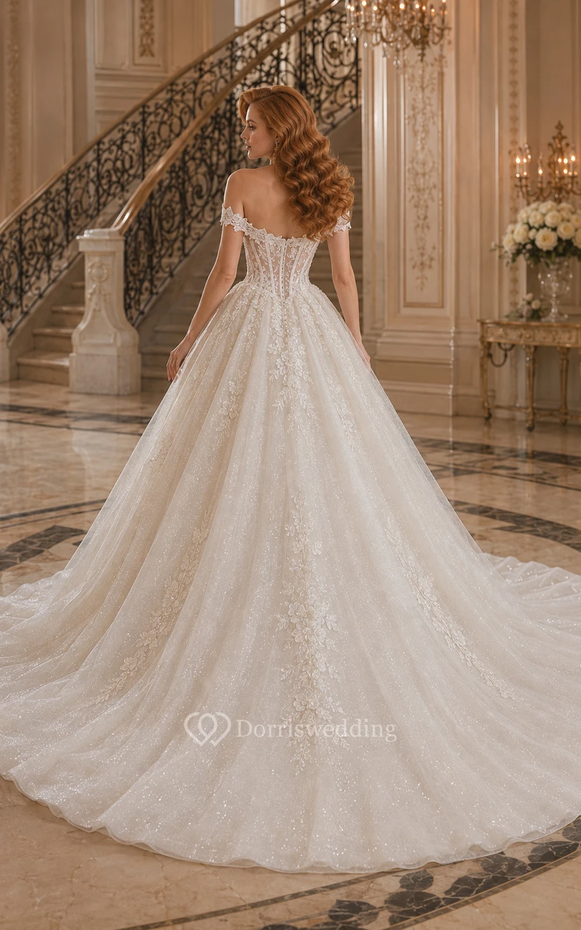 Wedding Ball Gown Lace Dress with Off-Shoulder Neckline and Chapel Train view 2