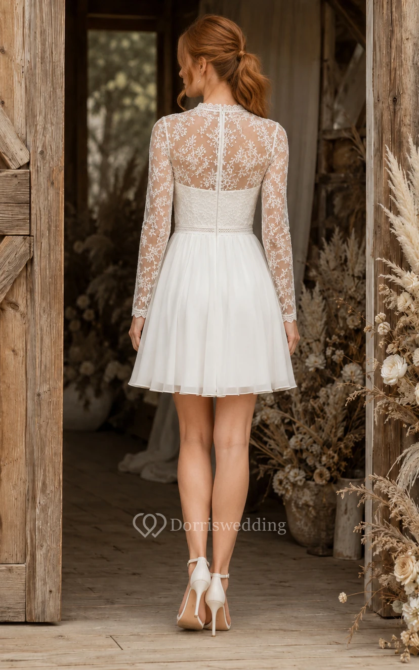 Bateau Neck Short Wedding Dress with Long Lace Sleeves and Satin Skirt view 2