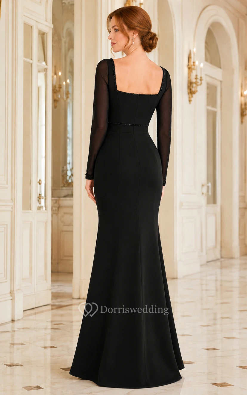 Black Square Neck Mermaid Dress with Long Illusion Sleeves view 2