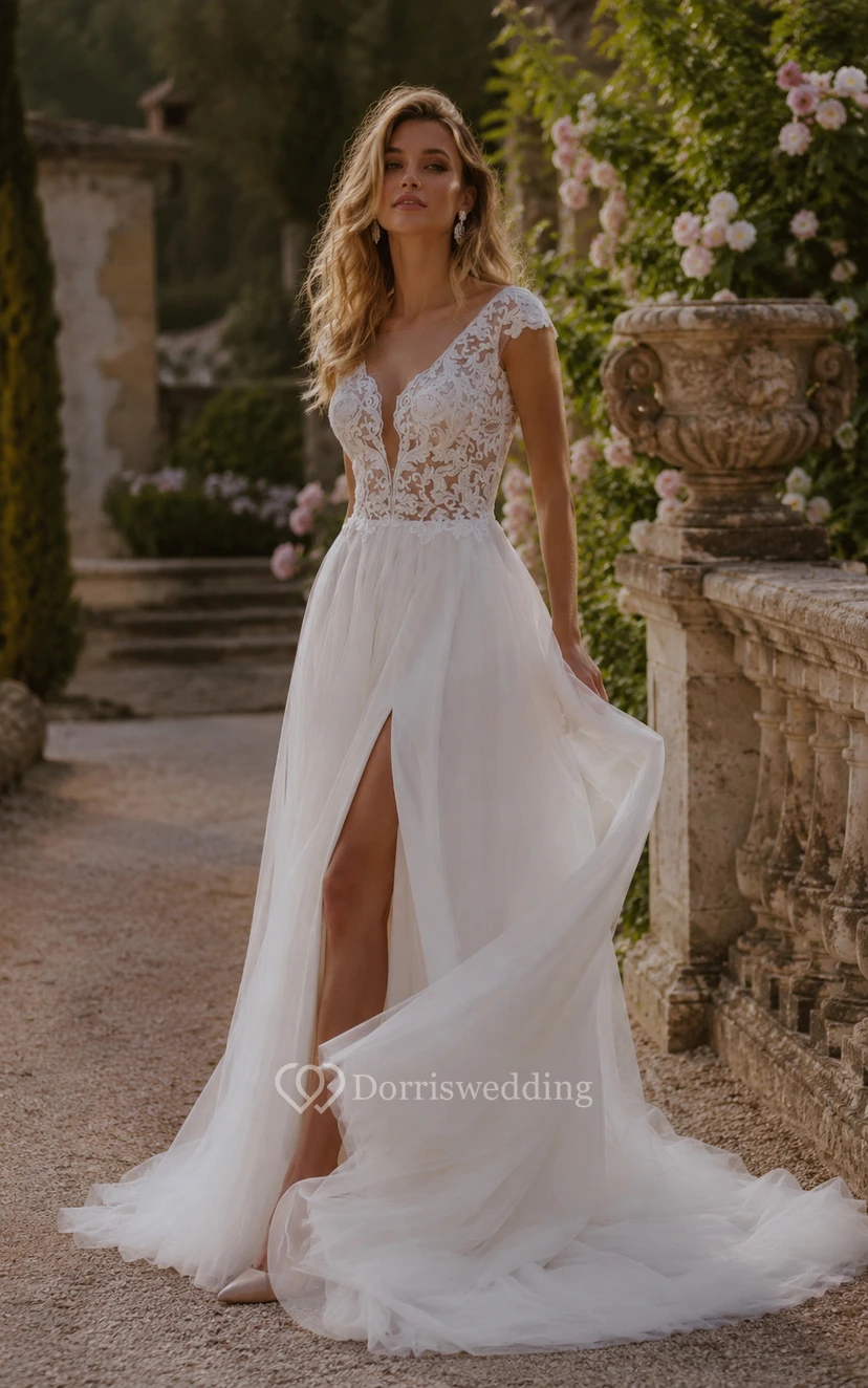 lace wedding dress with front split New Full Lace Split Wedding Dresses Illusion Back Bridal Gowns with Detachable Satin Skirt