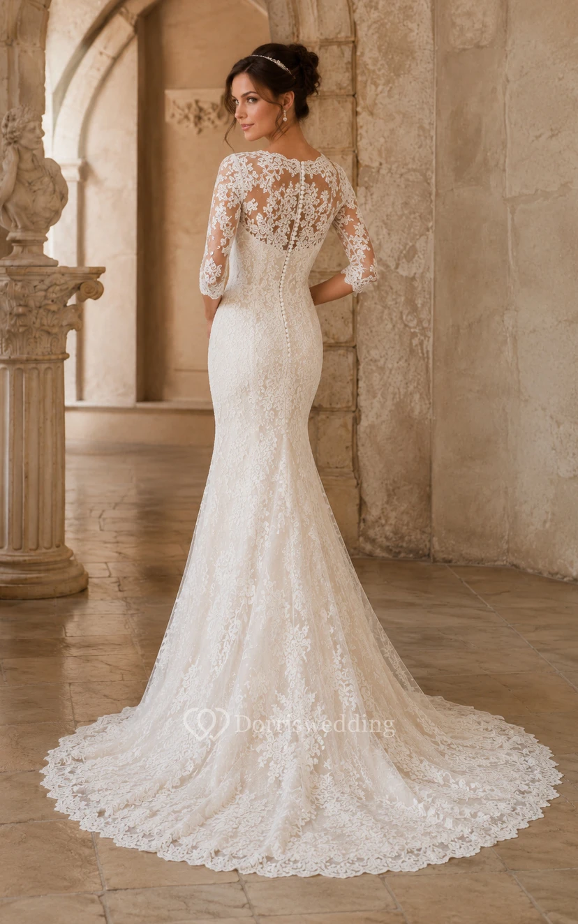 V-Neck Lace Mermaid Wedding Dress with Three Quarter Sleeves and Sweep Train view 2