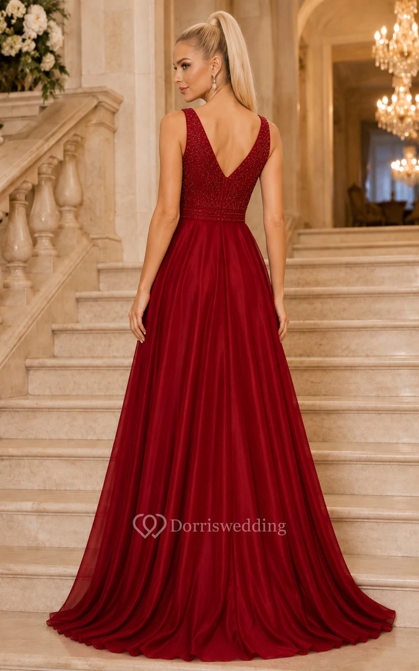 Red V-Neck A-Line Prom Dress with Lace Bodice and Flowing Chiffon Skirt view 2