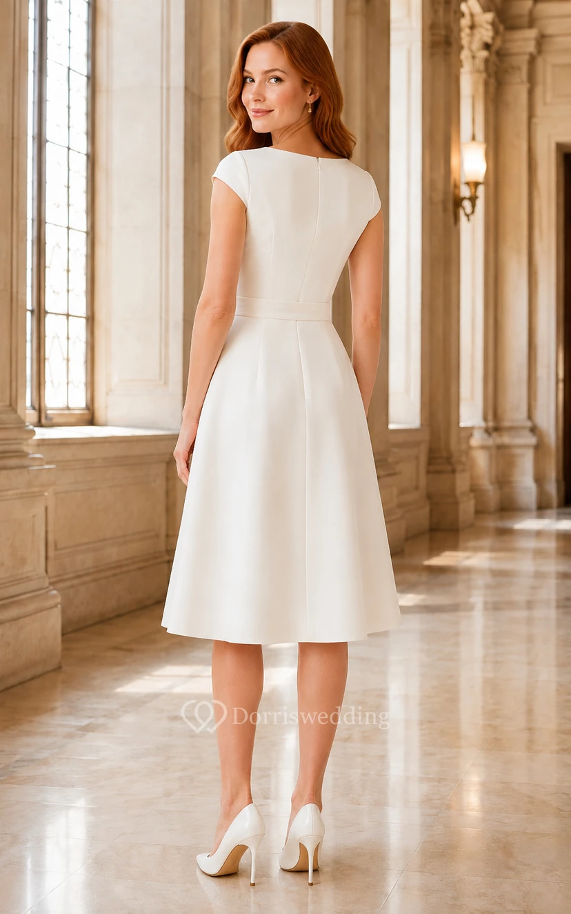 Robe de mariée en satin à encolure carrée, longueur thé, jupe trapèze épurée view 2