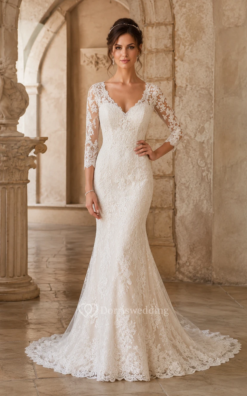 V-Neck Lace Mermaid Wedding Dress with Three Quarter Sleeves and Sweep Train
