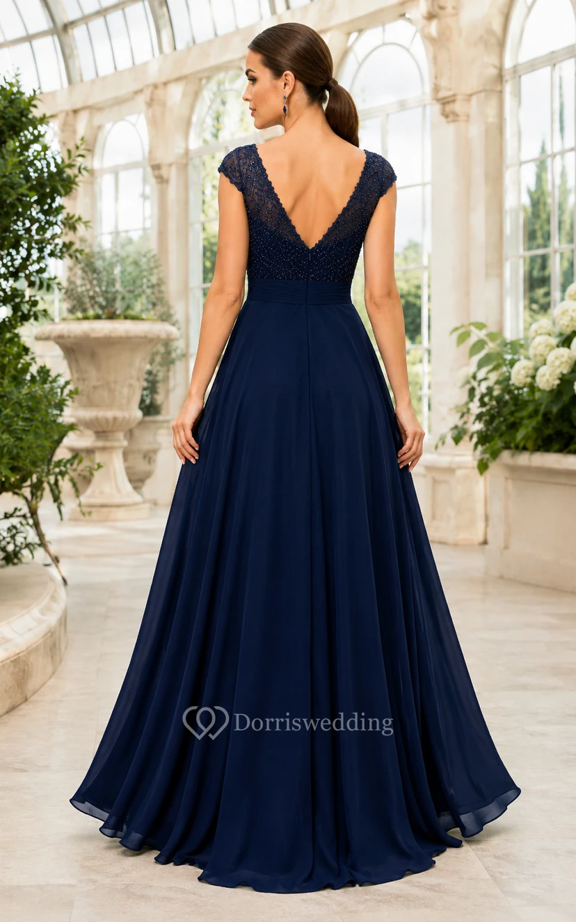 Dunkelblaues Brautmutterkleid mit V-Ausschnitt, Spitzenoberteil, Chiffon-A-Linie und kurzen Ärmeln view 2
