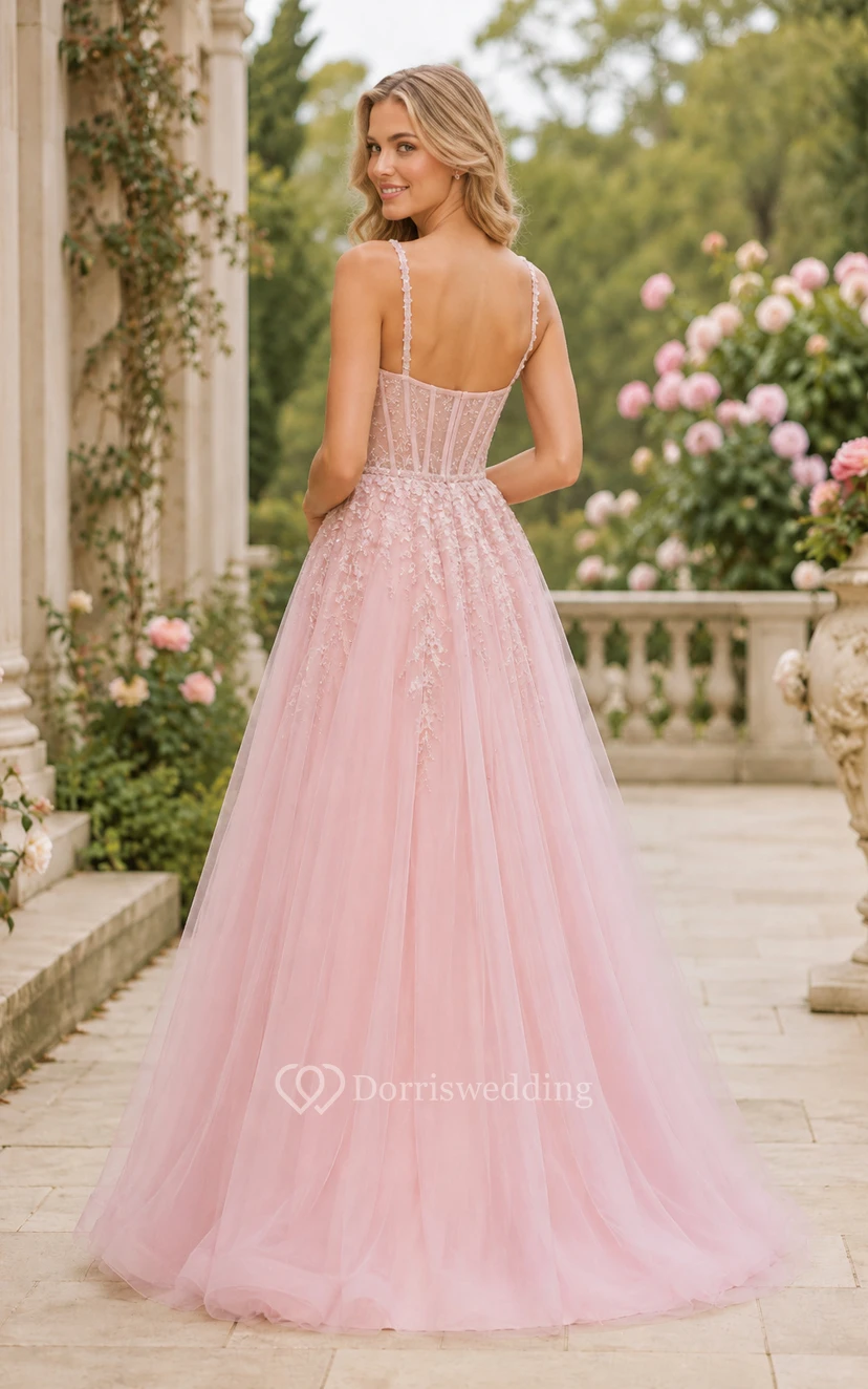 Blushing Pink Spaghetti Strap Tulle A-Line Formal Dress with Lace Appliques for Bridesmaids Wedding Guests and Formal Receptions view 2