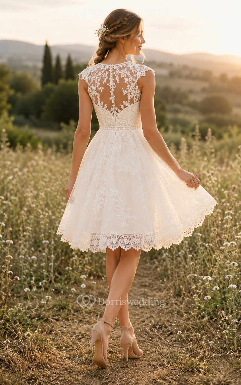 Jewel Neck Short Lace Wedding Dress with Illusion Bodice and A-Line Skirt view 2
