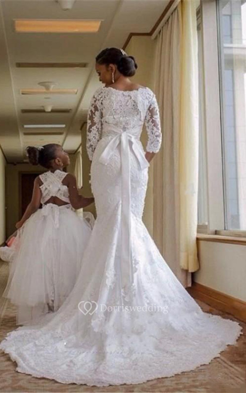 Modest Plus Size Mermaid Lace Long Sleeves Bridal Gown with Sash Dorris Wedding