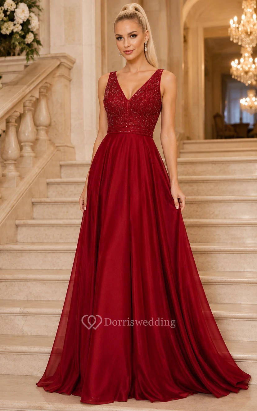 Red V-Neck A-Line Prom Dress with Lace Bodice and Flowing Chiffon Skirt