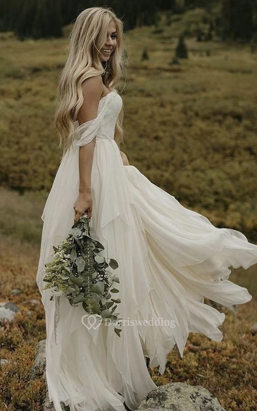 Off-the-shoulder Sweetheart Ethereal Chiffon Floor Length Boho Wedding Dress  | Dorris Wedding