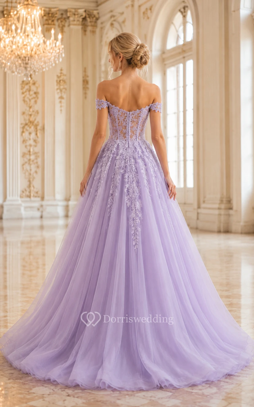Lavender Off-the-Shoulder Tulle Ball Gown with Lace Applique for Quinceanera and Prom view 2