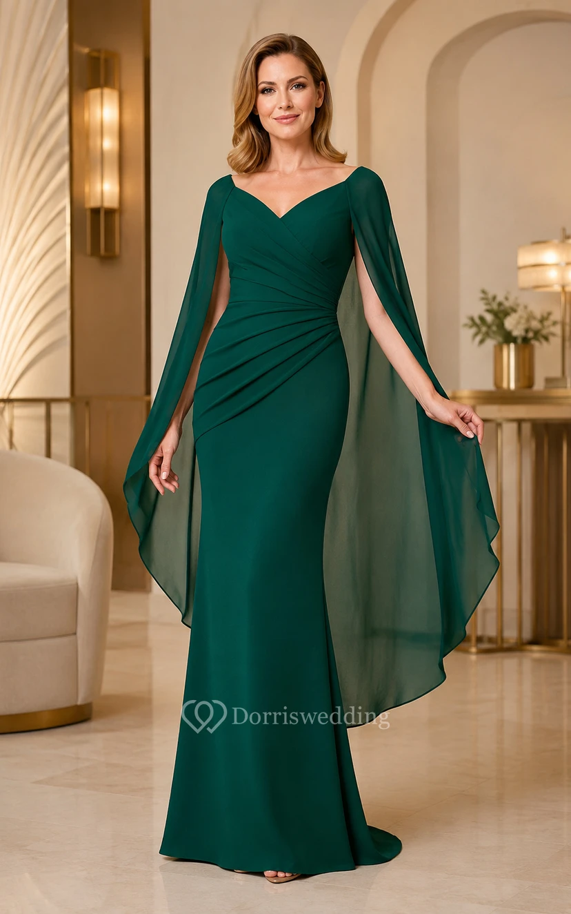 Robe fourreau vert foncé à manches cape et col en V pour la mère et les événements formels