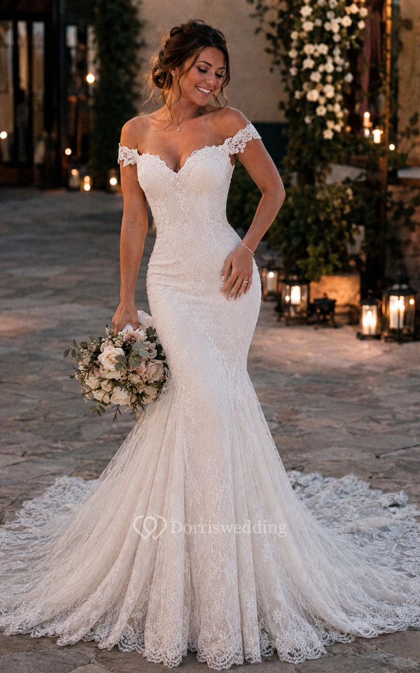 Delicate Mermaid Lace Appliques Elegant Wedding Dress Court Train