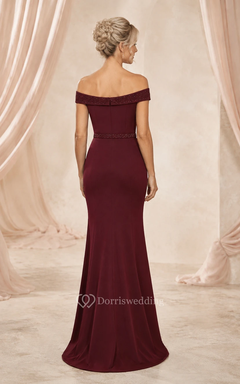 Burgundy Off-the-Shoulder Sheath Mother of the Bride Dress with Beaded Belt view 2