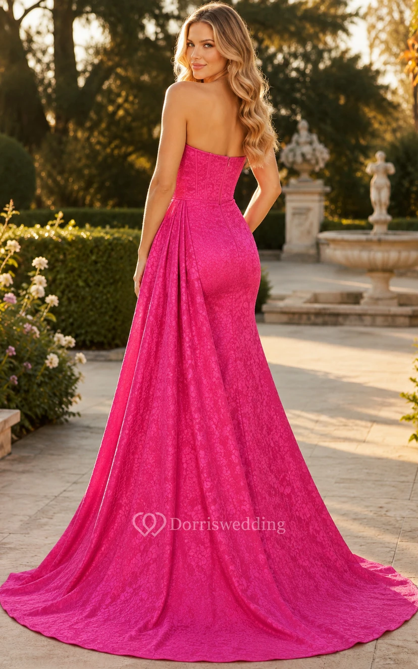 Robe de bal fuchsia sans bretelles à paillettes, coupe trapèze, corsage drapé et fente. view 2