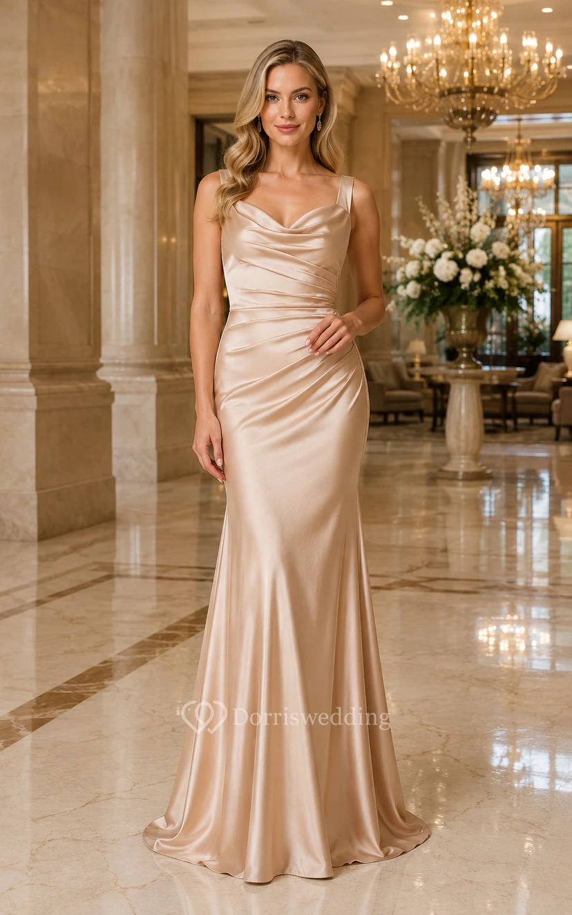 Champagne Cowl Neck Satin Sheath Bridesmaid Dress with Spaghetti Straps and Ruched Bodice