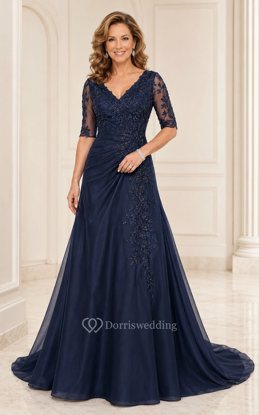 Dark Navy V-Neck Chiffon A-Line Mother Dress with Three Quarter Lace Sleeves