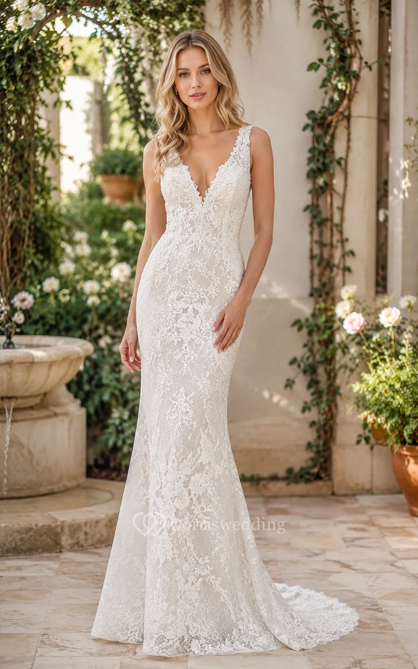 Ivory V-Neck Lace Mermaid Wedding Dress with Low Back | Dorris Wedding