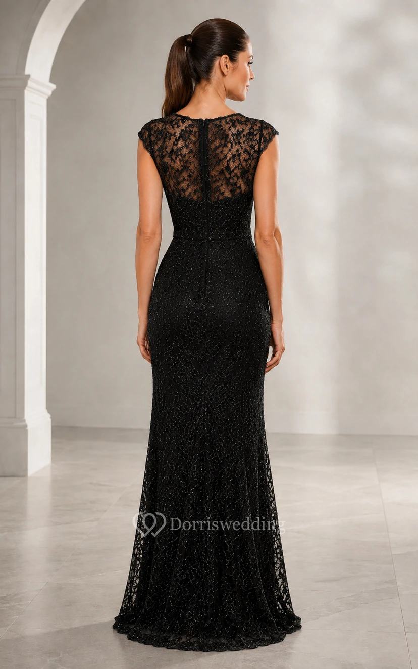 Black Lace Cap Sleeve Sheath Evening Dress Illusion Neckline for Evening and Formal Events view 2
