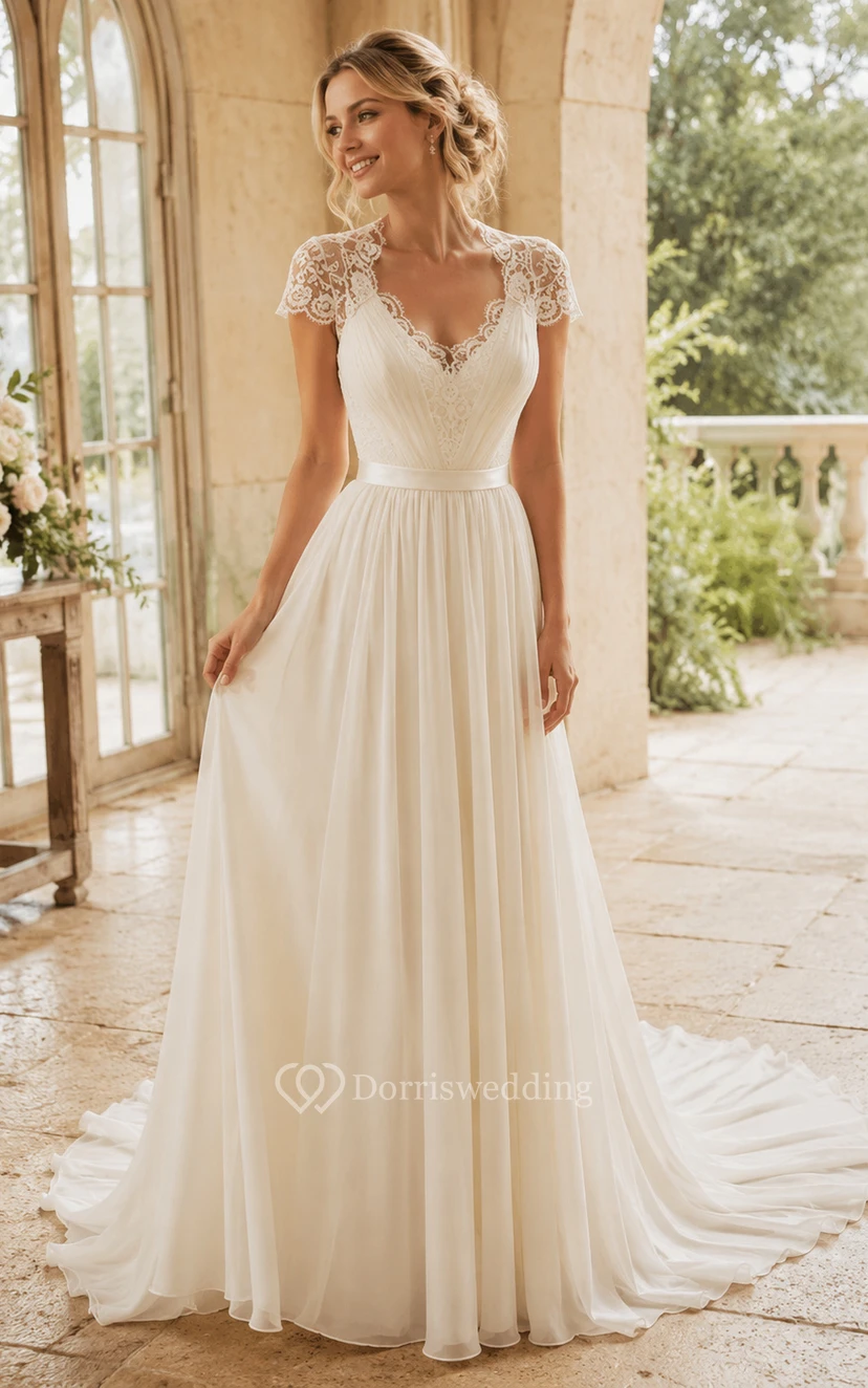 Elegante vestido de novia de gasa con escote redondo y mangas cortas, con encaje.