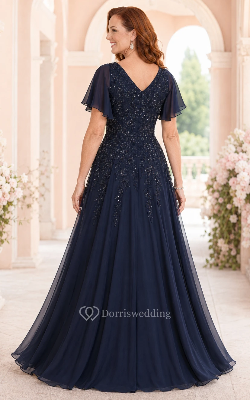 Dark Navy V-Neck Chiffon A-Line Mother Dress with Flutter Sleeves and Lace Bodice view 2
