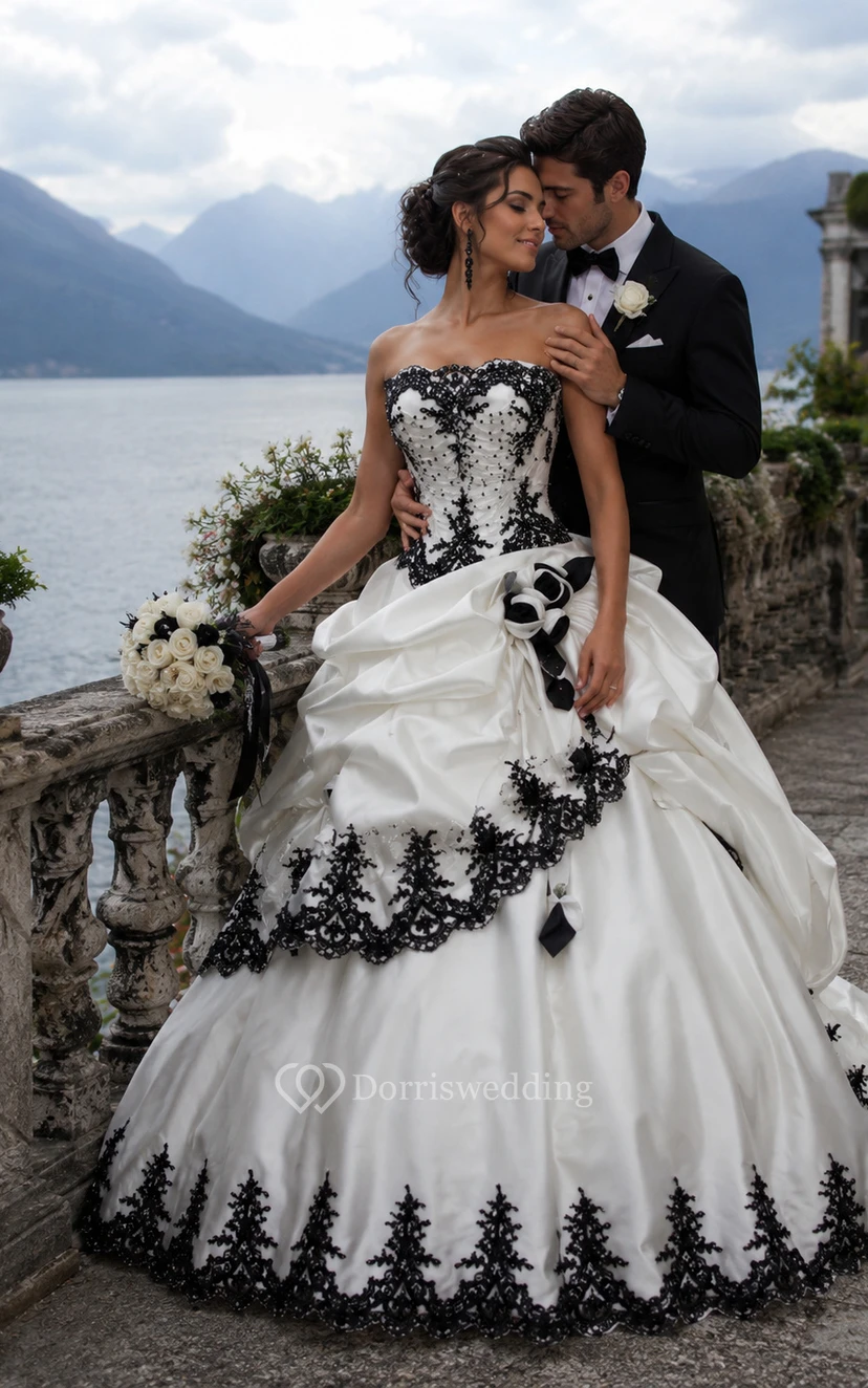 Ball Gown Taffeta Strapless Sleeveless Court Train Princess Wedding Dress with Beading Cascading Ruffles and Tiers