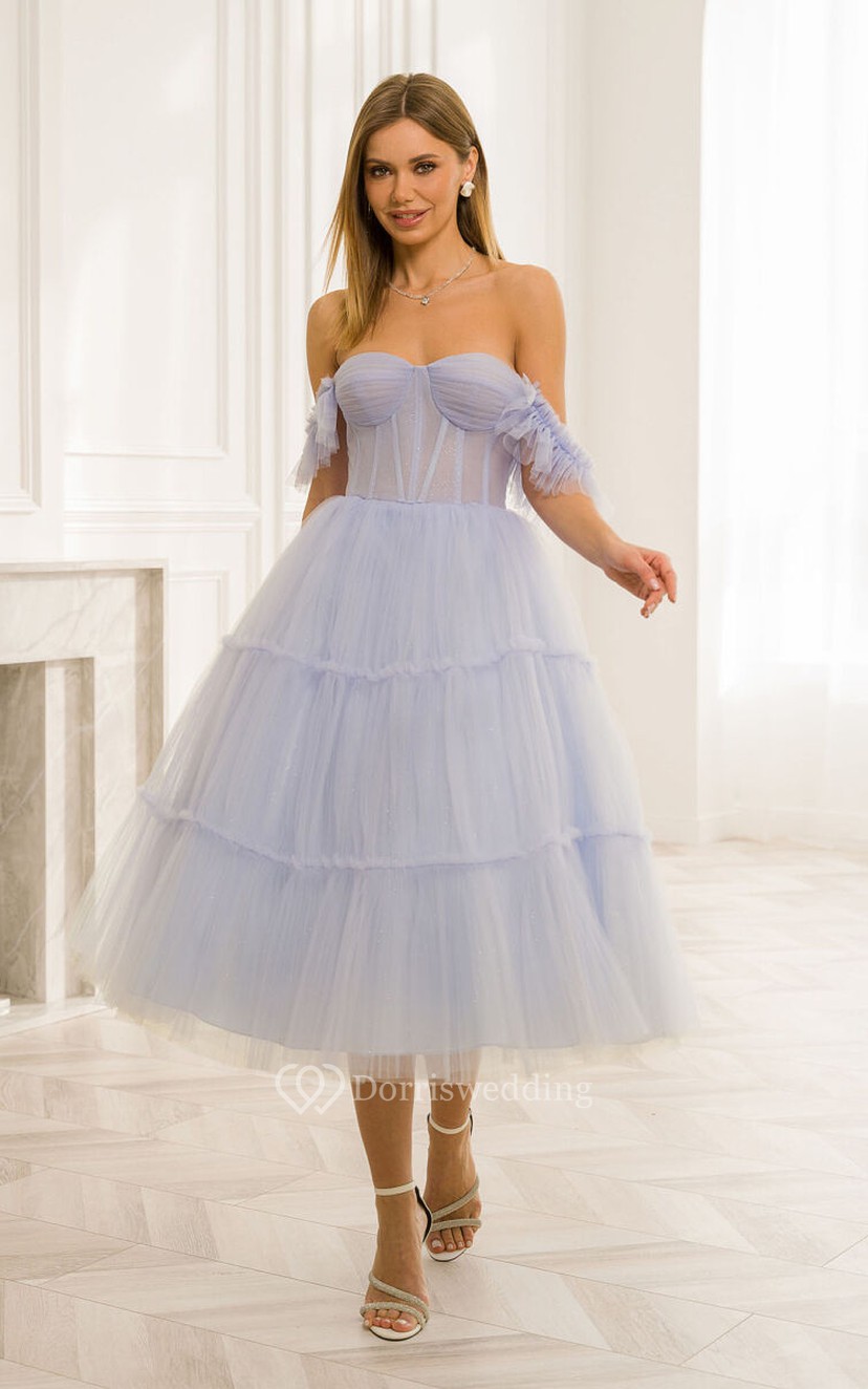 Sky Blue Off-the-shoulder Tulle Tea-length A-line Dress | Dorris