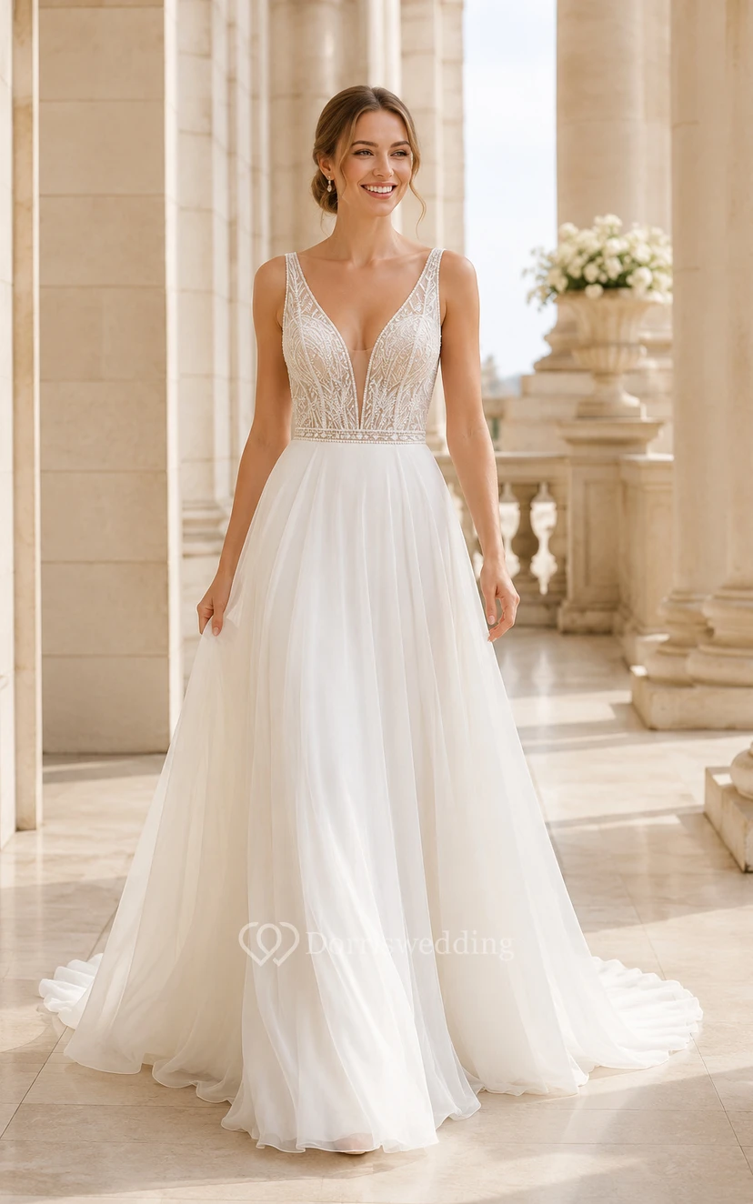 Robe de mariée trapèze en mousseline avec corsage en dentelle à col en V et traîne chapelle
