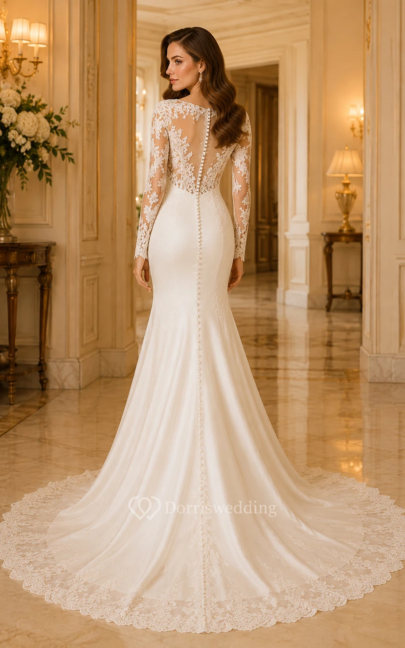 Wedding Mermaid Satin Dress with High Neck Lace Sleeves and Chapel Train view 2