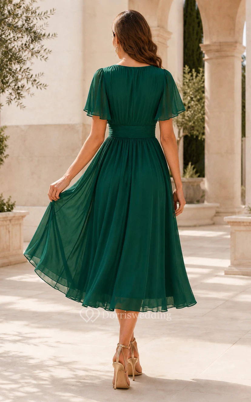 Dark Green Chiffon Tea-Length A-Line Guest Dress with V-Neck and Flutter Sleeves view 2