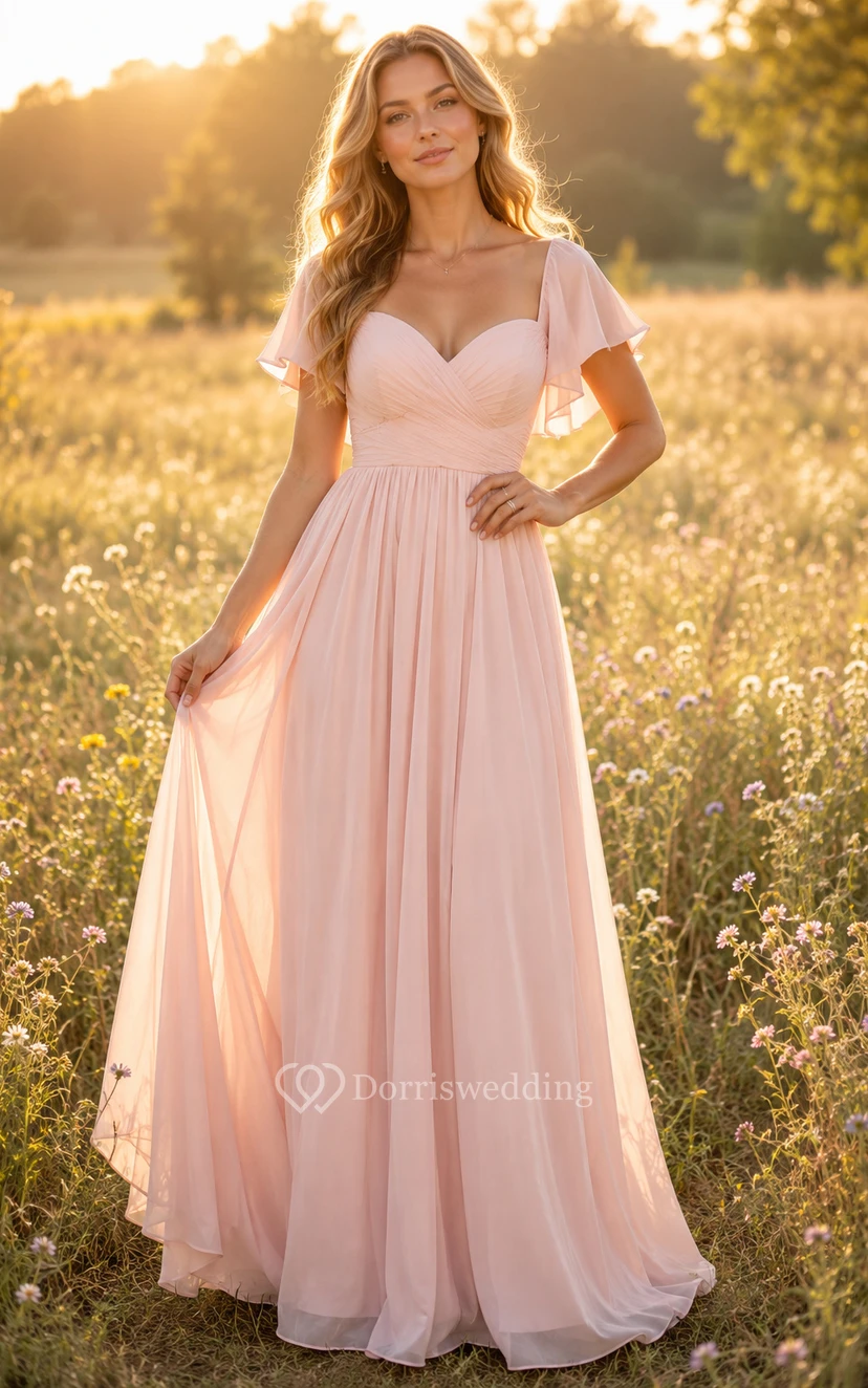 Blushing Pink Short Sleeve Chiffon A-Line Bridesmaid Dress with Empire Waist