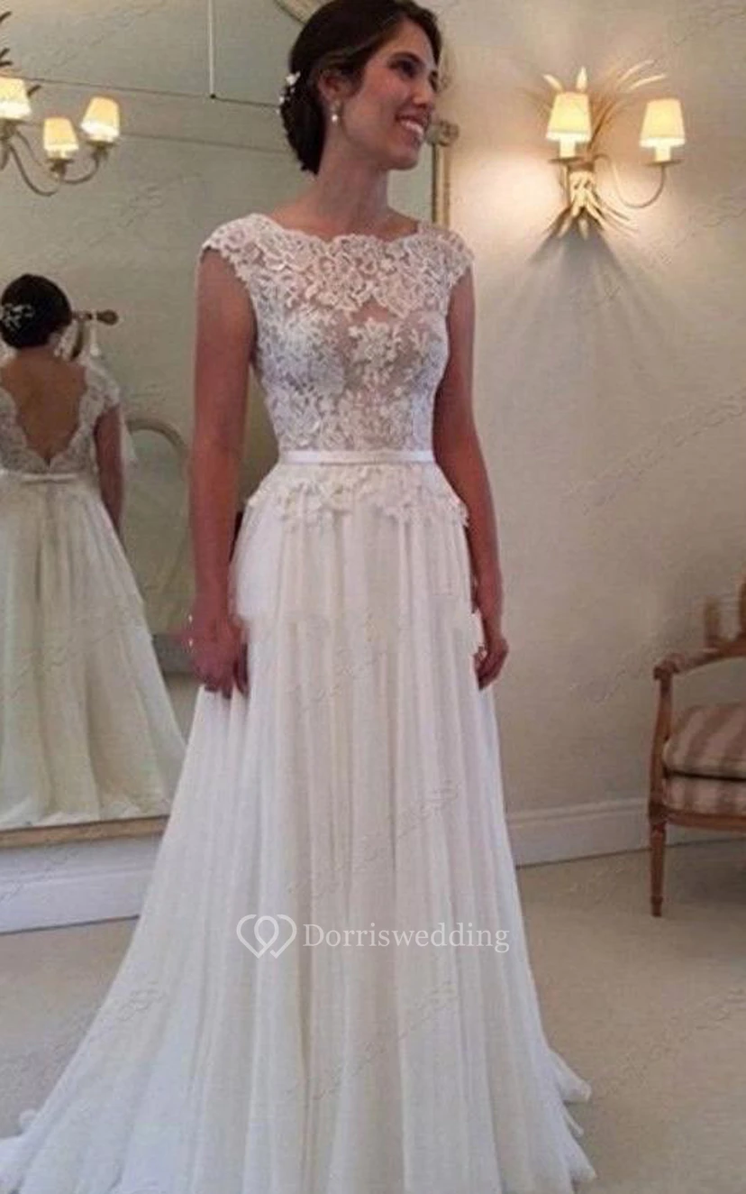 Chiffon Long Lace Open Back Wedding Dress Sleeveless Elegant | Dorris  Wedding