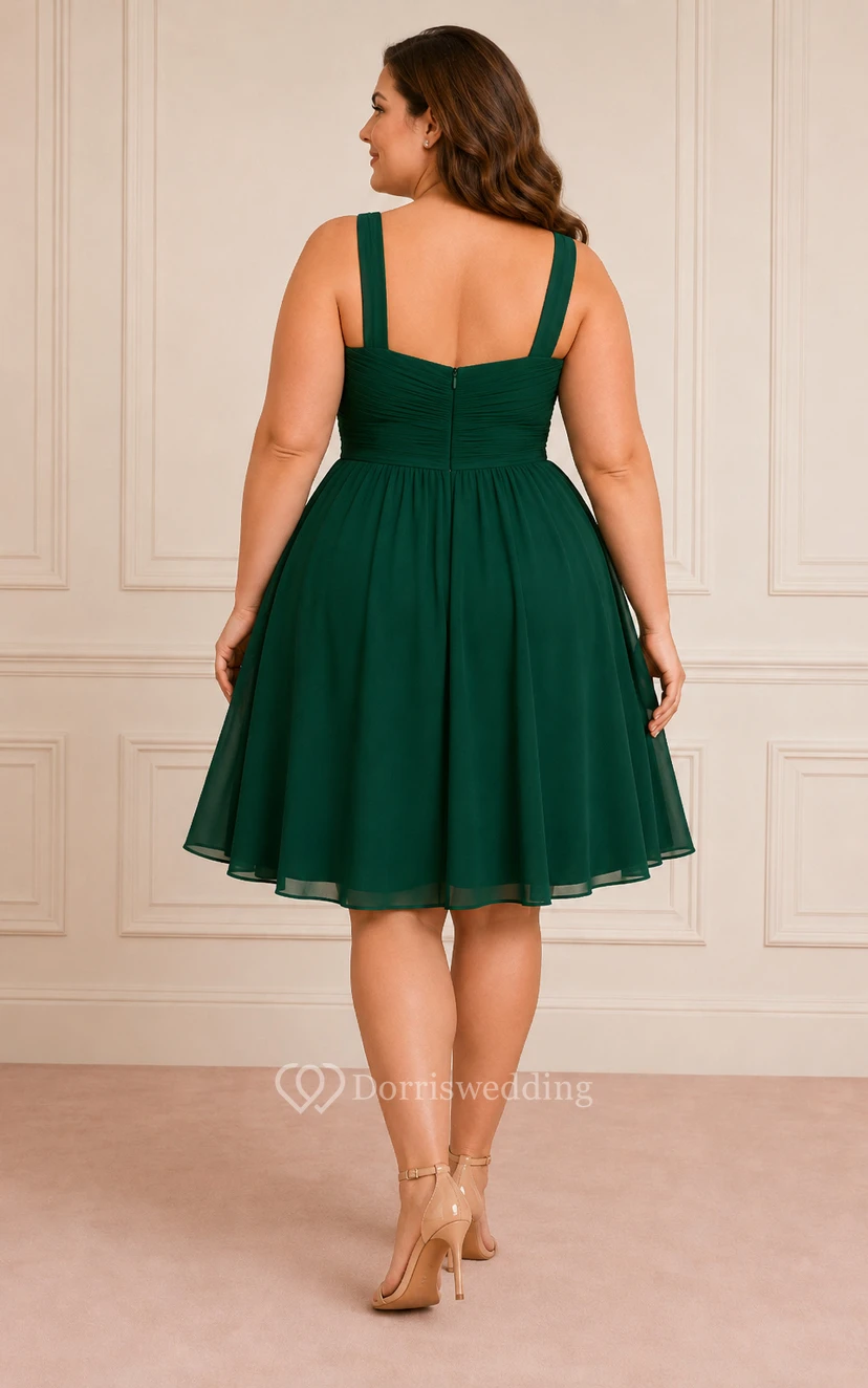 Dark Green Plus Size Chiffon Knee-Length A-Line Cocktail Dress with Straps and Sweetheart Neck view 2