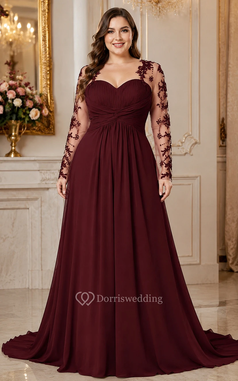 Dark Green Sweetheart Illusion Long Sleeve Chiffon Prom Dress view 4
