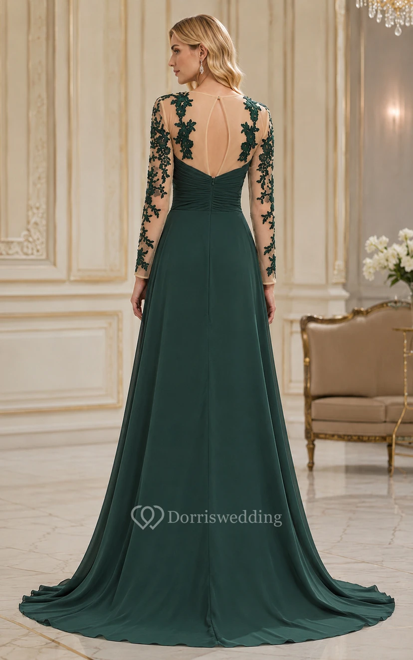 Dark Green Sweetheart Illusion Long Sleeve Chiffon Prom Dress view 2